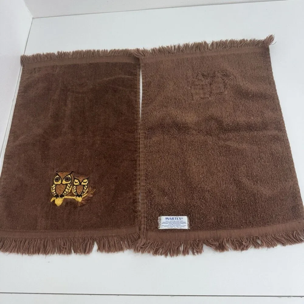 Vtg Owl Hand Towels 60s 70s Country Granny Bathroom Cabin Vanity Gift Prop
